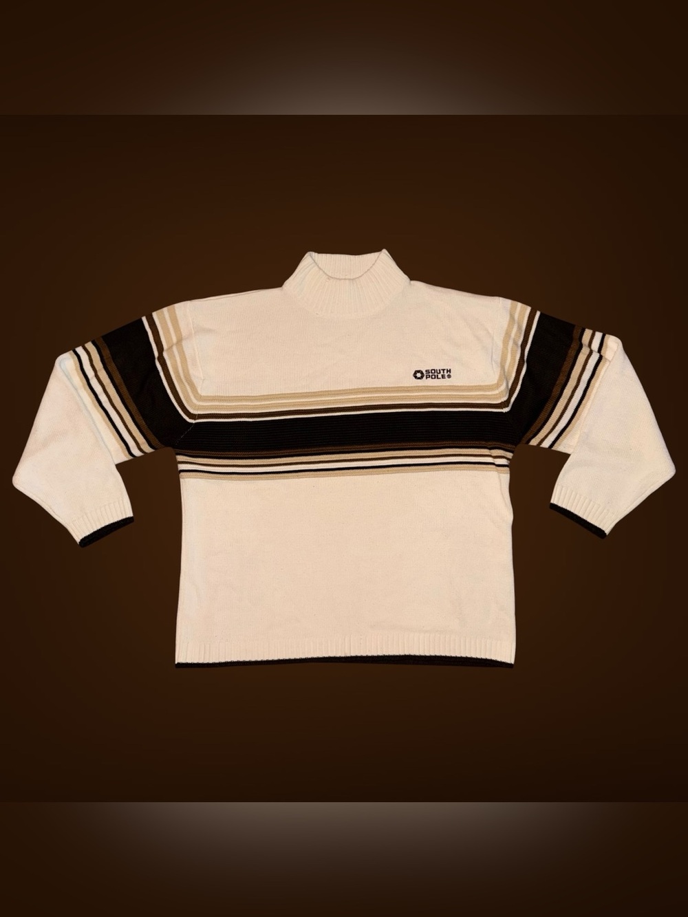 Vintage Y2K Southpole Cream / Brown Striped Mock Neck Knit Sweater Men’s XXL